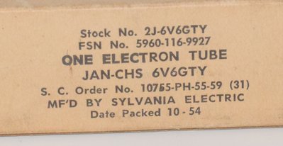 JAN 6V6GTY Sylvania USA 1954 NOS Valve / Tube